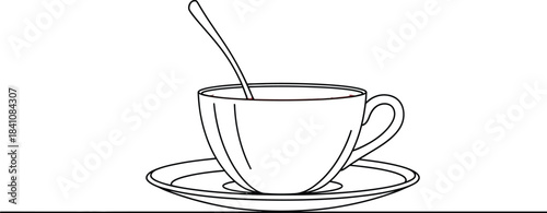Simple line art illustration of a teacup with tea and spoon on a saucer