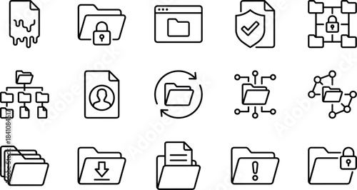 File management icon collection, secure folder outline symbols, data protection graphics, digital document storage illustration,  CAD drawing flat vector illustration