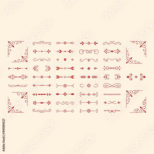 Collection of intricate red decorative and floral patterns on a light background swirls