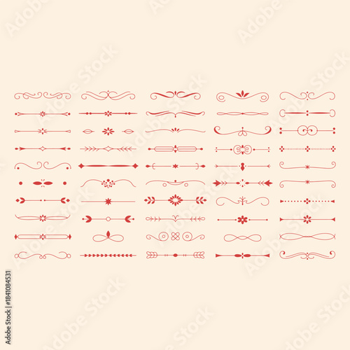 Collection of Red Floral and Ornamental on White Background patterns swirls