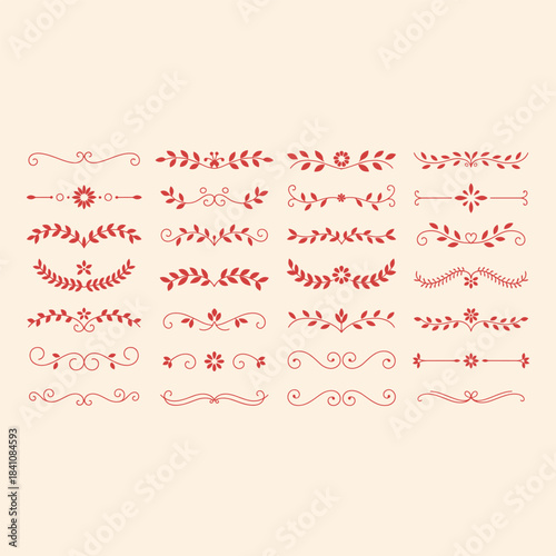 Collection of Red Floral and Swirl Decorative Borders on White Background