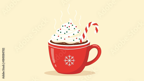 Festive red mug filled with hot chocolate and candy cane for holiday cheer