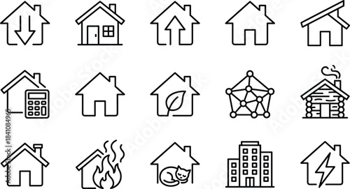 House line icon collection, real estate outline symbols, home design illustration, property concept graphics, modern building interface icons, CAD drawing flat vector illustration