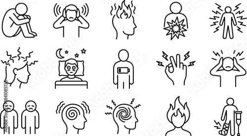Mental health icon collection, stress disorder outline symbols, emotional wellbeing graphics, psychological symptoms illustration, human condition interface icons, CAD drawing flat vector illustration