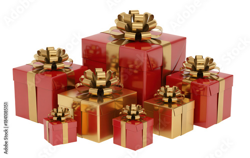 Group of red and gold christmas gift boxes with bows isolated on transparent background