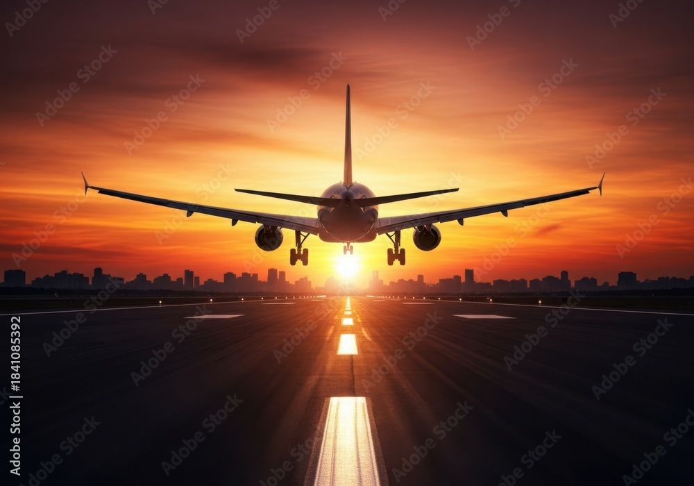 Naklejka premium Airplane taking off at sunset on runway