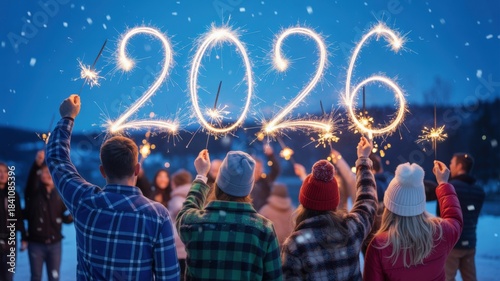 People celebrating New Year holding sparklers forming 2026