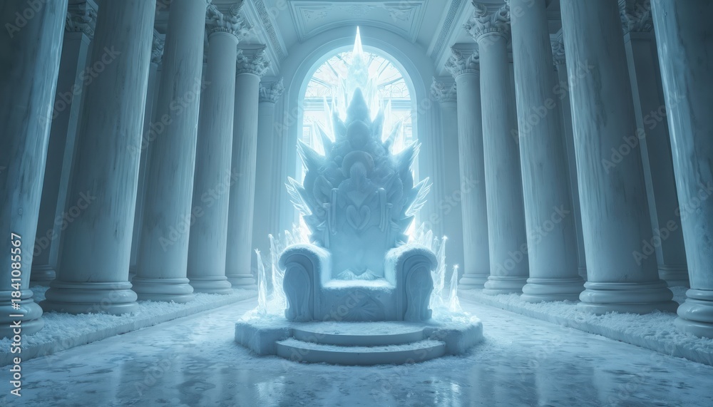 Obraz premium Majestic ice throne sits in grand hall with columns. Snow covers ground and icy formations surround seat. Cold, serene interior with bright light from window. Fantasy, winter palace setting.