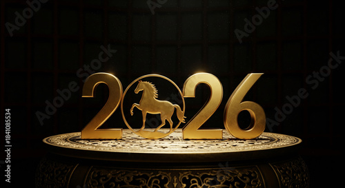 Golden 2026 Year of the Horse sign on an ornate podium for Chinese New Year