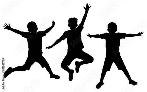 Children jumping silhouette illustration showing playful energy and joy, black and white dynamic pose icon set