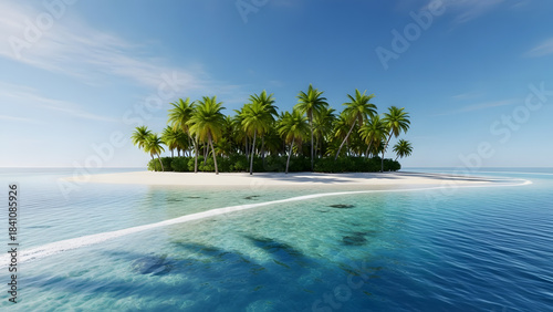 Fototapeta Naklejka Na Ścianę i Meble -  Tropical Island with Lush Palm Trees, White Sand Beach, and Clear Turquoise Water Shoreline