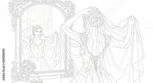 Bride adjusting her veil in an ornate mirror on her wedding day preparation