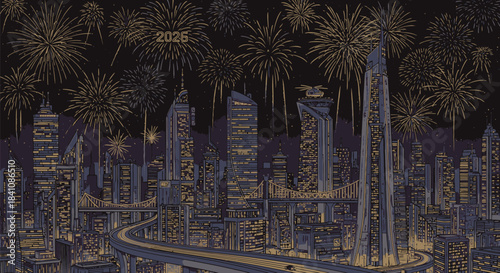 City skyline celebrating new year 2026 with fireworks illuminating the night sky