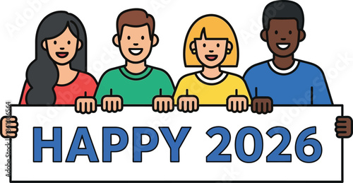 Diverse group celebrating happy 2026 holding a banner with a light blue background