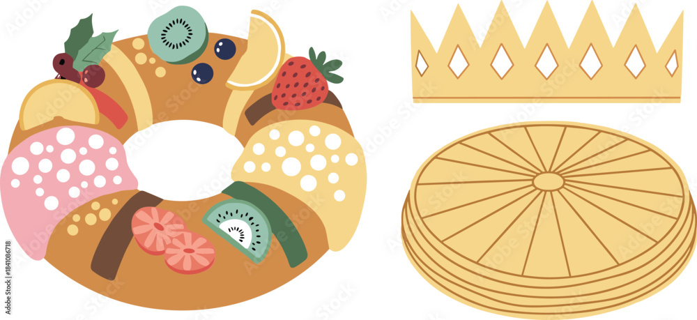 Obraz premium Traditional king cake with crown and festive decorations