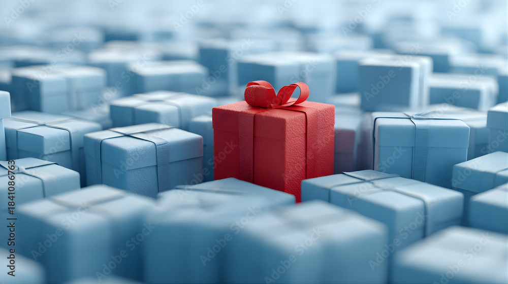 Obraz premium Standing out red gift box among many blue boxes