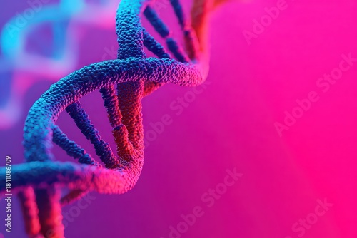 Close Up Of A Glowing Blue And Pink DNA Double Helix Molecule With Shallow Depth Of Field