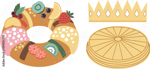 Traditional king cake with crown and festive decorations