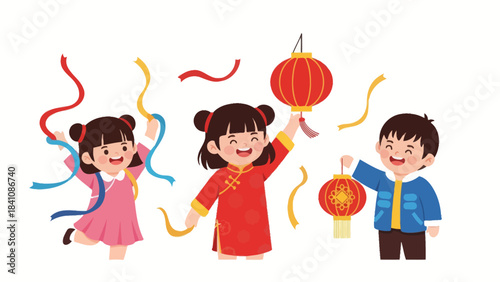 Joyful children celebrating festival with colorful lanterns and festive