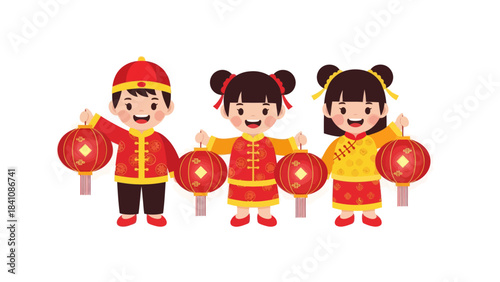 Children Celebrating Chinese New Year with Traditional Costumes and Lanterns