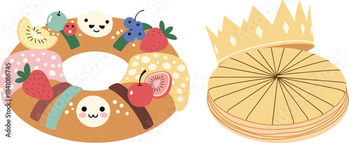 Cute cartoon donut with fruit and a golden crown