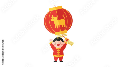 Festive celebration with a cheerful child holding a traditional red lantern