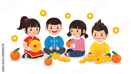 Children Celebrating with Gold Coins and Oranges in a Joyful Scene of