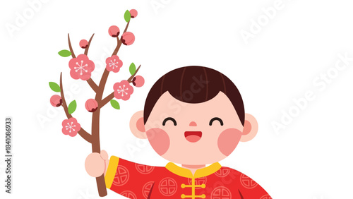 Cheerful kid holding blossoming flower branch with traditional attire joyful