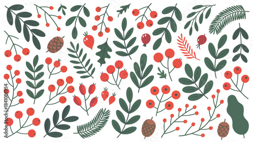 A charming collection of festive evergreen branches with red berries and pinecones for holiday decor