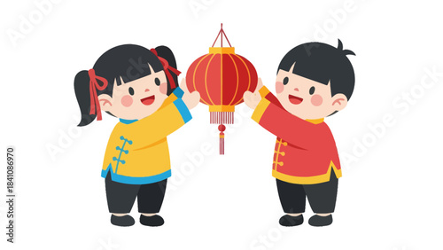 Cute children celebrating cultural festival holding a traditional red lantern