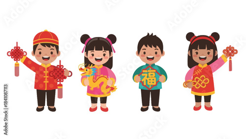 Celebration of Lunar New Year with Children in Traditional Attire and Festive