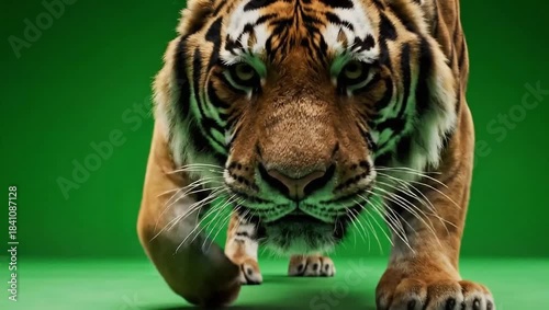 Portrait of a dangerous Bengal tiger, a big wild cat with black stripes and orange fur, close-up of the feline's head and face in a zoo