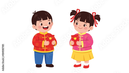 Children celebrating Lunar New Year with red envelopes and festive attire