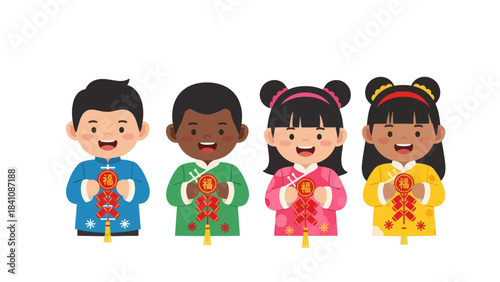 Colorful cartoon children celebrating Lunar New Year holding paper lanterns