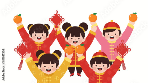 Celebrating Lunar New Year with joyful children dressed in traditional attire