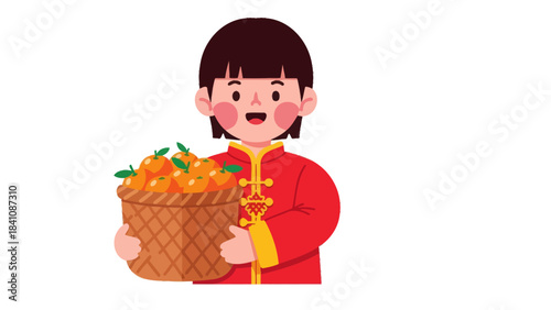 Joyful girl in traditional clothing holding a basket of oranges celebrating