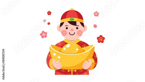 Festive child dressed in traditional attire holding a glowing gold ingot with