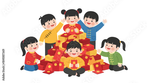 Playful children celebrating Chinese New Year with red envelopes and gold ingots