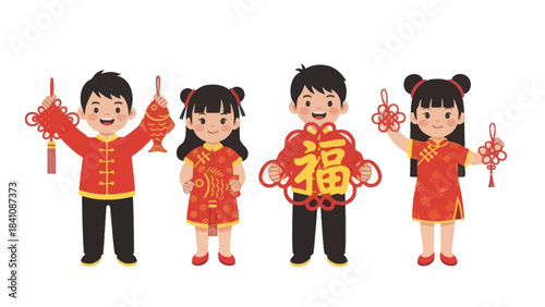 Festive Asian children celebrating Lunar New Year with traditional red attire