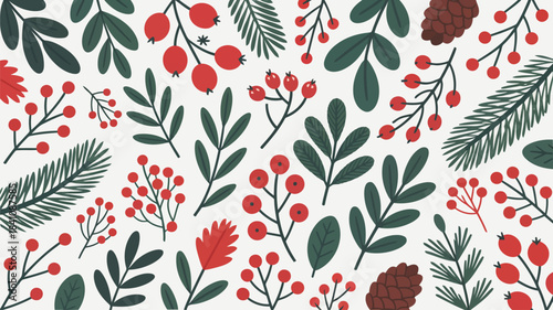 A lovely seamless pattern shows various green leaves, red berries, and pinecones on a light surface