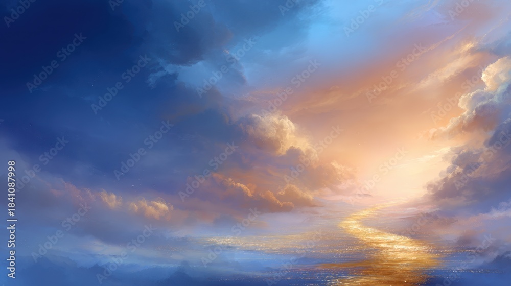 Naklejka premium Dreamy Sky and Clouds with Golden Light and Pathway Abstract