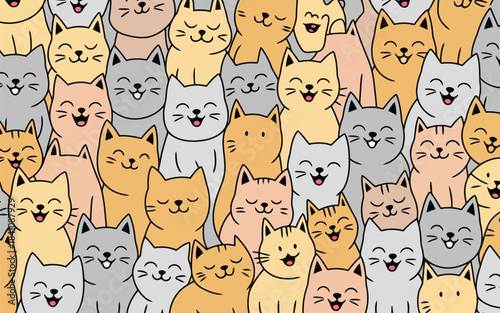 Adorable smiling and winking cartoon cats form a cheerful seamless pattern in soft colors