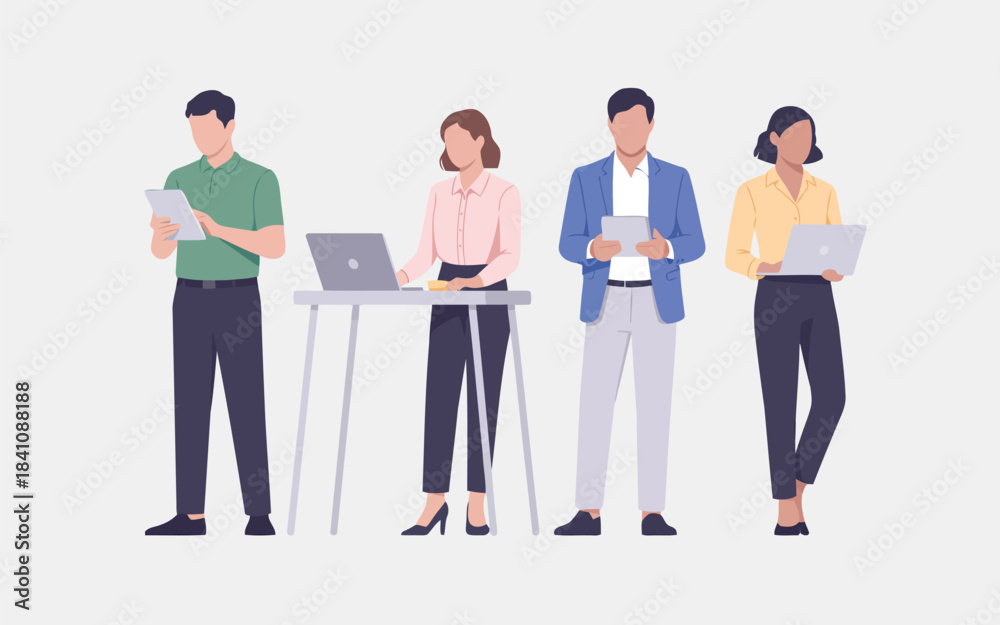 Fototapeta premium Diverse professionals actively engage with their digital devices and collaborate in a contemporary business setting