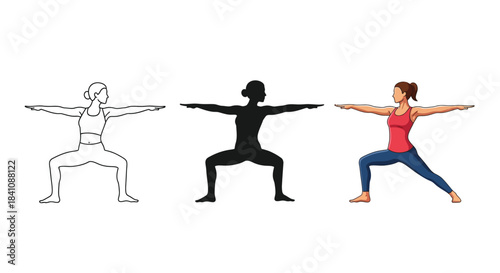 Set of three warrior ii yoga poses outline, silhouette and full color illustration of woman practicing asana