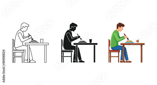 Man sitting at a table eating with chopsticks, set of three illustrations outline, silhouette and color version