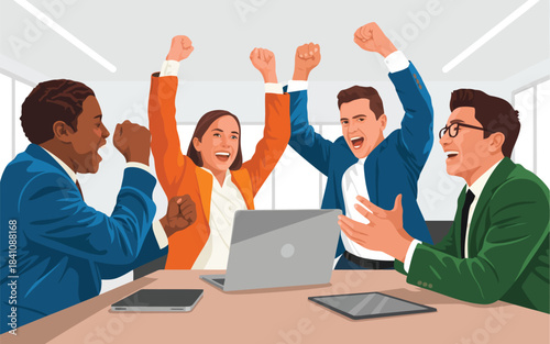 Diverse business team celebrates success with fists raised around a laptop in a modern office meeting room