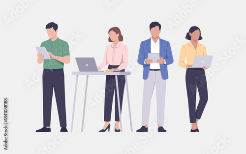 Diverse professionals actively engage with their digital devices and collaborate in a contemporary business setting