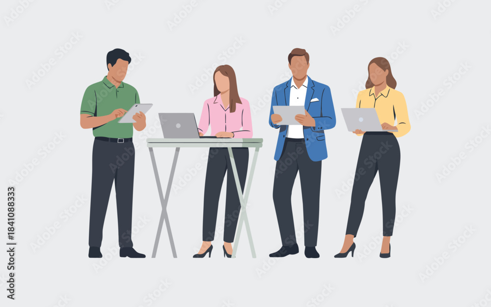 Obraz premium Four diverse business professionals standing and working with modern technology like laptops and tablets