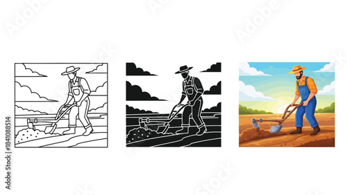 Farmer plowing field with hoe or tiller, agricultural work in various styles line art, silhouette and color illustration