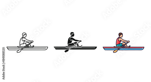 Set of three icons representing a person rowing a boat in different styles outline, silhouette and color illustration